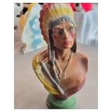 Vintage 1930's American Indian Wearing Feathered Headress theme Carnival Chalkware Bust Vintage 1930's American Indian Wearing Feathered Headress theme Carnival Chalkware Bust