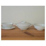 Lot of (3) Dinnerware - Damask by Easterling (Bavaria Germany) - Covered Vegetable Dish 10-1/2' x 8-1/2' x 4', Bowl 7-1/4' x 2-5/8', Gravy Boat 9' x 7' x 3-1/4'