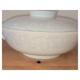 Lot of (3) Dinnerware - Damask by Easterling (Bavaria Germany) - Covered Vegetable Dish 10-1/2' x 8-1/2' x 4', Bowl 7-1/4' x 2-5/8', Gravy Boat 9' x 7' x 3-1/4'