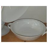 Lot of (3) Dinnerware - Damask by Easterling (Bavaria Germany) - Covered Vegetable Dish 10-1/2' x 8-1/2' x 4', Bowl 7-1/4' x 2-5/8', Gravy Boat 9' x 7' x 3-1/4'