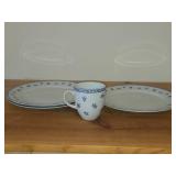 Porcelain Dinnerwares - 11' Dinner Plates (x3) and Coffee Mug (x1) - 1885-2013 by Porsgrund (Norway) / Bluebird Flower pattern