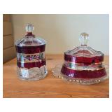 Vintage Glass Covered Sugar Bowl and Covered Butter Dish / Early American pattern / (ruby red flashed)