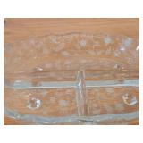 Vintage Glass Footed 3-Part Divided Relish Dish by Fostoria Glass (1940's-1970's) / Chintz Etched Floral pattern / (baroque shaped blank)