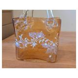 Vintage Handbag theme Art Glass Vase / Murano style / (amber with white floral etching)