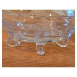 Vintage Footed Oval Etched Cut Glass Crystal Candy Dish, Indiana Glass Diamond 3-Toed Crystal Bowl, Pressed Glass Fruit/Dessert Bowl