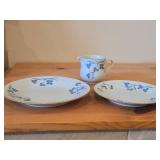 Lot of (3) Porcelain Dinnerwares by Porsgrund (Norway) / Blue Floral Design with Brown Trim / - 8' Plate, 6-3/4' Salad Plate, Creamer 3' x 3-1/4'