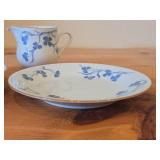 Lot of (3) Porcelain Dinnerwares by Porsgrund (Norway) / Blue Floral Design with Brown Trim / - 8' Plate, 6-3/4' Salad Plate, Creamer 3' x 3-1/4'