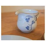 Lot of (3) Porcelain Dinnerwares by Porsgrund (Norway) / Blue Floral Design with Brown Trim / - 8' Plate, 6-3/4' Salad Plate, Creamer 3' x 3-1/4'