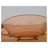 Vintage Depression Glass Two Handled Bowl / Etched Floral Pattern / (pink)