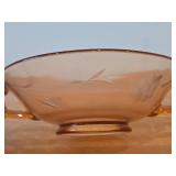 Vintage Depression Glass Two Handled Bowl / Etched Floral Pattern / (pink)