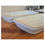 Lot of (2) Vintage Oven-Proof Porcelain Dishes by Porsgrund (Norway) / Red Striped Design + Ribbed Underside / (rectangle)