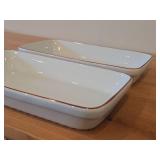 Lot of (2) Vintage Oven-Proof Porcelain Dishes by Porsgrund (Norway) / Red Striped Design + Ribbed Underside / (rectangle)