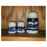 Vintage Porcelain Sukker Sugar Shaker + Salt and Pepper Shakers (x2) by Porsgrund (Norway) (blue and white)