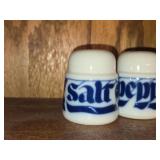 Vintage Porcelain Sukker Sugar Shaker + Salt and Pepper Shakers (x2) by Porsgrund (Norway) (blue and white)