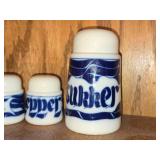 Vintage Porcelain Sukker Sugar Shaker + Salt and Pepper Shakers (x2) by Porsgrund (Norway) (blue and white)