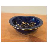 Vintage Trinket Dish by Porsgrund (Norway) / Gold Painted Floral design / (cobalt blue) (heart shape)