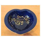 Vintage Trinket Dish by Porsgrund (Norway) / Gold Painted Floral design / (cobalt blue) (heart shape)