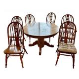 Oak Round Dining Table with 1 Leaf & 6 Vintage Chairs
