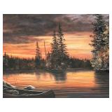 DR - Framed Lake Landscape Print - Campsite by the Lake with Canoe, 29 x 39 in