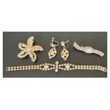 LL - Vintage Rhinestone Bracelet, Earrings & Brooches Set - 6.5 Inch Bracelet