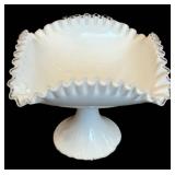 Fenton Milk Glass Silver Crest Square Centerpiece Bowl - 9 in Square & 8 in Tall