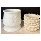 Milk Glass Vase & 5 Coasters - 4 1/4 in Tall, 4 1/4 in Dia
