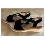 DR - Women's Wedge Sandals - Black Straps & Jute Platform - Size 40