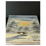 DR - Artistic Interiors Original Oil Painting - Winter Scene with Snowy Pines & Bridge, 8 x 10 in