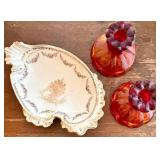 DR - Laughlin Dish & Amberina Candle Holders