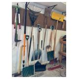 Assorted Garden Tools - Shovels, Rakes & Brooms