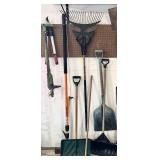 Assorted Garden Tools - Shovels, Rakes & Brooms