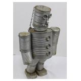 Tin Can Robot Sculpture - Vintage Metal Art Figurine with Chain ~20'