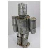 Tin Can Robot Sculpture - Vintage Metal Art Figurine with Chain ~20'