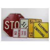 Vintage Road Signs - STOP Sign, Elephant Crossing, No Parking This Side (Lot of 5) Various Sizes