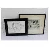 Vic Cartoon Print Pair - 2 Framed Black Wood Frames, German Humor & Bar Scene