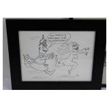 Vic Cartoon Print Pair - 2 Framed Black Wood Frames, German Humor & Bar Scene
