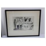 Vic Cartoon Print Pair - 2 Framed Black Wood Frames, German Humor & Bar Scene