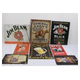 Vintage Beer & Whiskey Tin Signs (Lot of 6) - Jim Beam, Cowboy Jack's Whiskey, Lucky's Bar