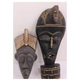 Pair of Hand-Carved Wooden Tribal Masks with Gold Inlay - 2-Piece Set