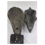 Pair of Hand-Carved Wooden Tribal Masks with Gold Inlay - 2-Piece Set