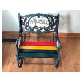 Ornate Cast-Iron Garden Chair - Rainbow Wood Slats (Red, Yellow, Navy, Green) With Duck Motif