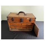 Antique Wooden Tool Box with Leather Handle and Multi-Drawer Cabinet