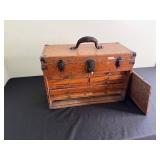 Antique Wooden Tool Box with Leather Handle and Multi-Drawer Cabinet