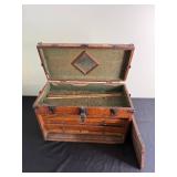 Antique Wooden Tool Box with Leather Handle and Multi-Drawer Cabinet