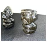 VTG Black Soapstone Tiki Warrior Figures - Pair, Carved Stone Polynesian Decor