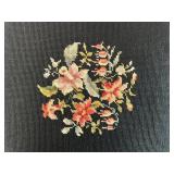 Floral Needlepoint Ottoman - Black Upholstery, 14 in W x 18 in D x 15 in H