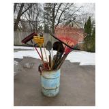 Assorted Garden Tools in Blue Metal Bucket - Rakes, Shovels & More