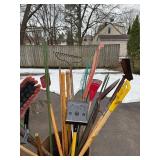 Assorted Garden Tools in Blue Metal Bucket - Rakes, Shovels & More