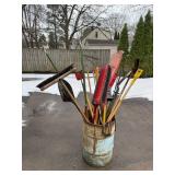 Assorted Garden Tools in Blue Metal Bucket - Rakes, Shovels & More