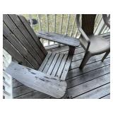 Weathered Adirondack Wood Chair & Beige Plastic Woven-Back Chair - Outdoor Patio Pair